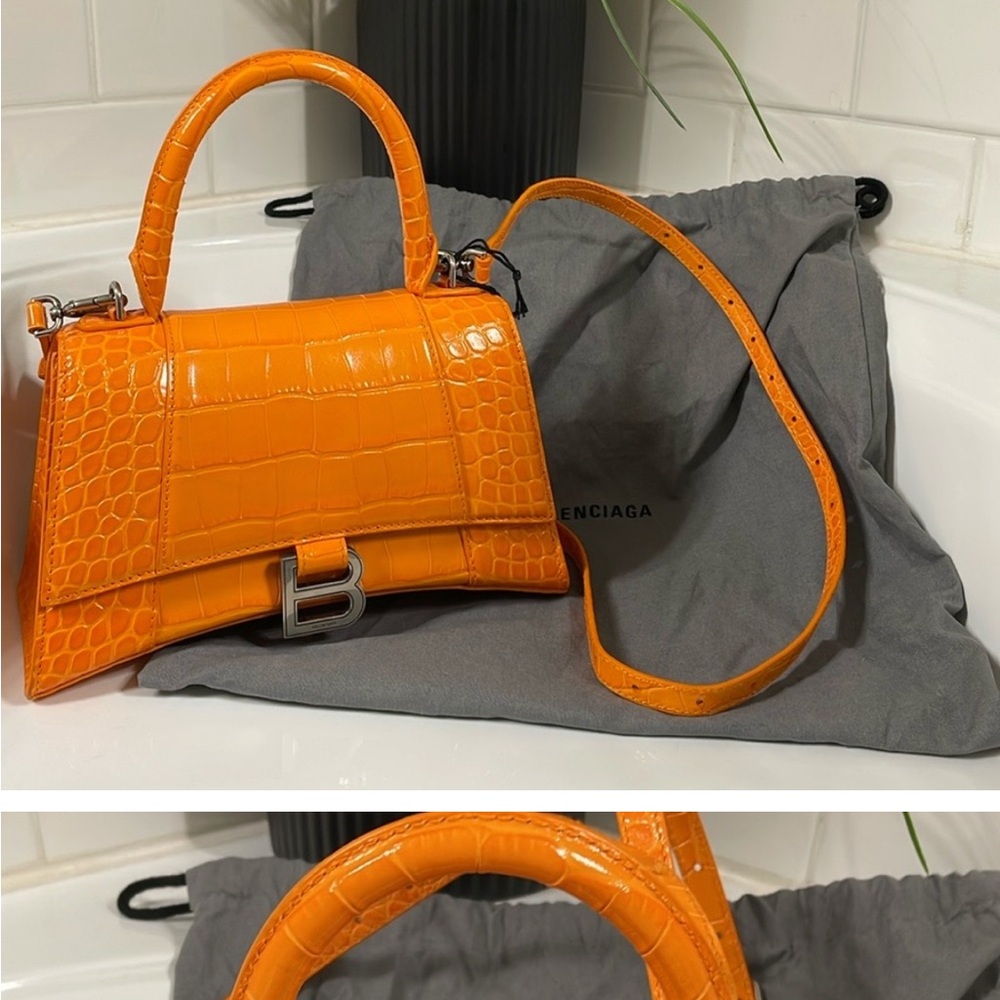 Balenciaga Small Hourglass Croc Embossed Leather Crossbody Top Handle Bag